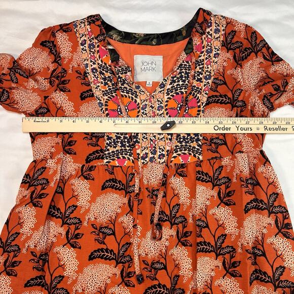 John Mark Blouse Size S Orange Artsy Boho Floral Mixed Print Tunic Top Flowy EUC - Picture 8 of 13